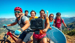 Adventurers capturing thrills with an action camera in a dynamic outdoor setting.
