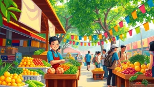 Menampilkan petani toto yang tersenyum di pasar tradisional dengan berbagai produk segar.