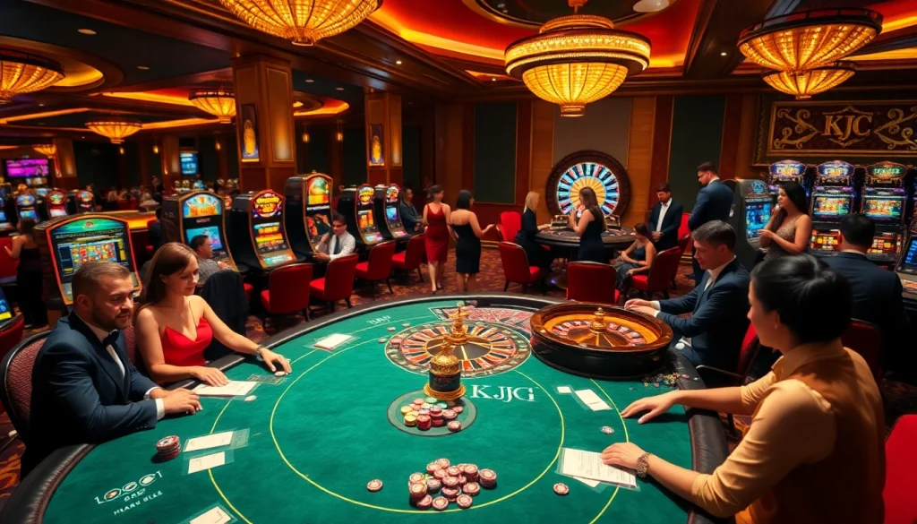 KJC casino floor with players enjoying poker and slot machines in a vibrant setting.
