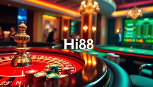 Hi88 casino scene with vibrant gaming table, roulette wheel, and excited players