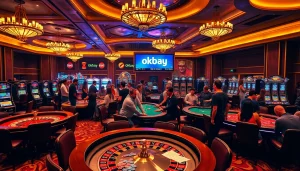 Experience the excitement of gaming with okbay-themed poker chips and vibrant casino tables.
