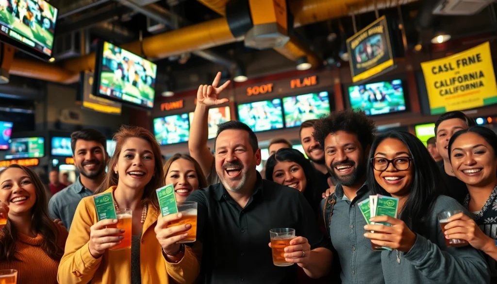 Excited fans enjoying sports betting in California during a game at a vibrant sports bar.