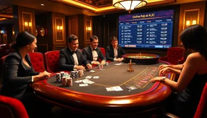 KJC players engaging at a luxurious poker table, showcasing excitement in a vibrant casino atmosphere.