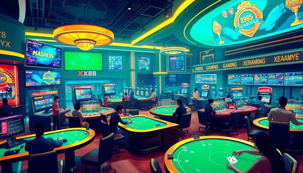 XX88.XYZ vibrant online gaming scene featuring casino tables and sports betting.