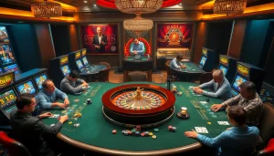 Exciting netwin casino gameplay scene with players at poker and roulette tables.