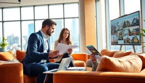 Engaging real estate discussion showcasing listings and opportunities in a modern office.