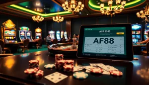 Experience the thrill of winning at AF88 with poker chips and a roulette table in a glamorous casino.