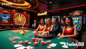 Khela88 players enjoying thrilling casino games at a vibrant table with poker chips and cards.