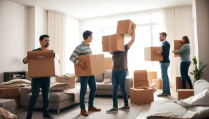 Efficient movers Vancouver team packing boxes in a bright living room