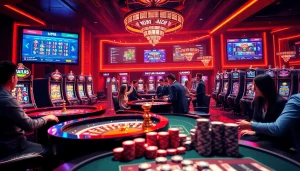 A lively gambling scene at Nhà cái Hi88 showcasing roulette, poker chips, and vibrant online betting excitement.