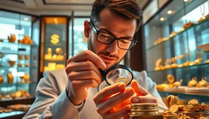 Goldankauf in der Nähe: jeweler examining gold jewelry in a sophisticated setting