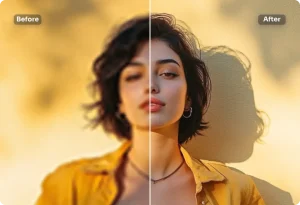 before-and-after-effects-of-enhancing-the-face-of-a-short-hair-lady-dressing-in-yellow-shirt-lying-wall-image-with-ai-ease-free-ai-face-enhancer