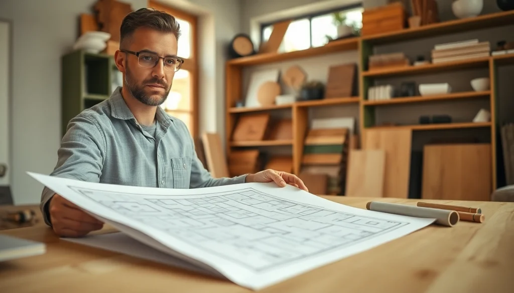 Contractor analyzing home renovation plans in a cozy workspace with design samples.