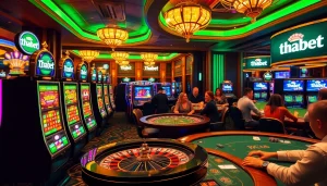 Thabet casino vibrant scene with lively players at roulette and poker tables.
