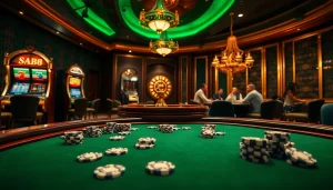 RR88 engaging poker players at a luxurious table with vibrant casino elements