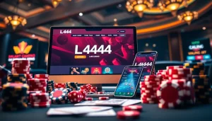 L444 online gambling interface with vibrant casino elements like poker chips and playing cards.