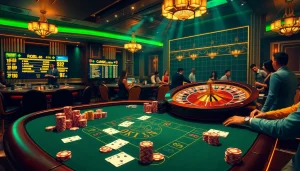 A lively casino scene promoting betting strategies with a blackjack table and roulette wheel at https://journal.unj.ac.id/.