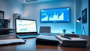 Usługi księgowe przedstawione w nowoczesnym biurze księgowym o profesjonalnej atmosferze i dokumentach finansowych.