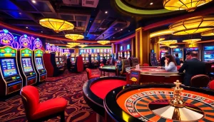 Players enjoy a thrilling game at okwin.com, surrounded by vibrant slot machines and casino ambiance.