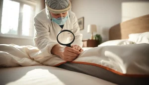 Inspecting a bed for bed bugs by professionals from https://affordablebedbugexterminators.com