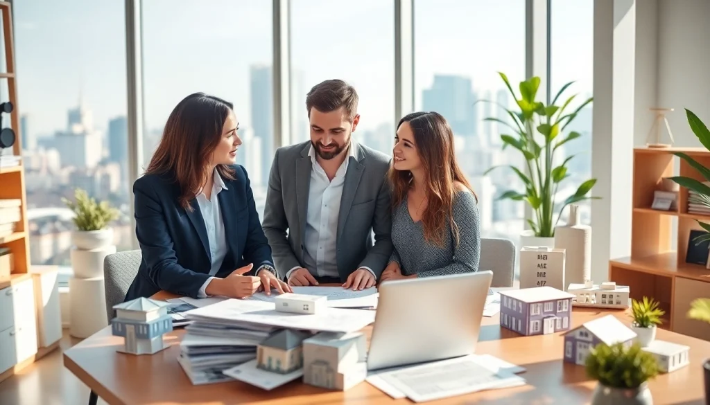 Engaging real estate consultation showing experts assisting clients with property choices.