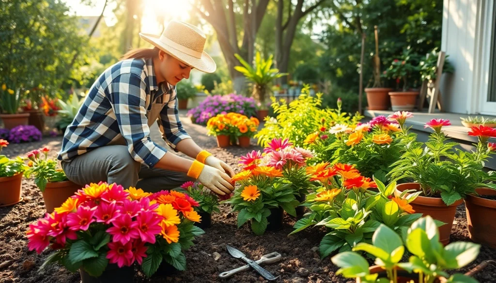 Gardening enthusiast nurturing vibrant flowers in a lush garden, showcasing care and growth.
