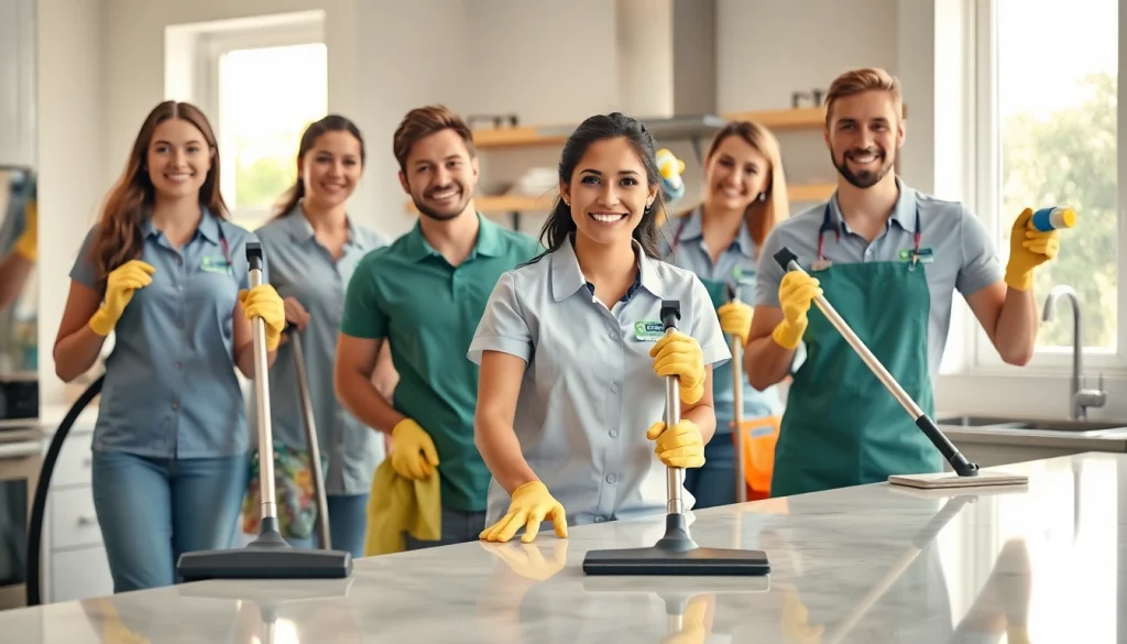 Cleaning services team efficiently organizing and cleaning a bright kitchen space.