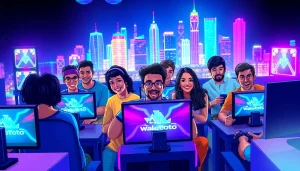 Menggambarkan para gamer yang antusias bersama di platform walettoto, menampilkan suasana kompetitif dan menyenangkan.