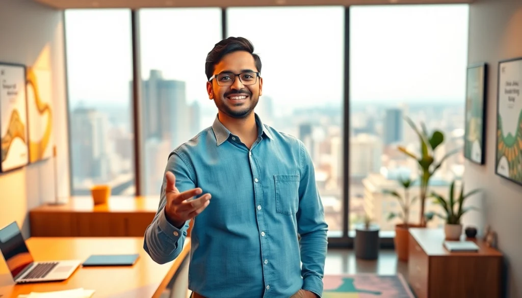 Showcasing an Indian entreprenure confidently speaking in a modern office environment.