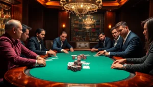 Lc88 poker players strategizing at an elegant casino table amidst vibrant chips and cards.