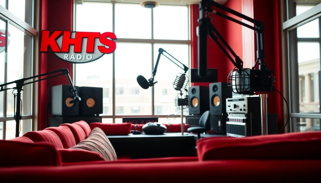 Listen live at hometownstation.com from an energetic radio studio showcasing vibrant colors.