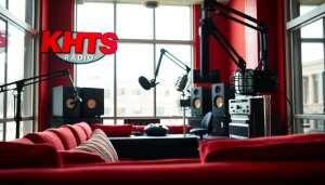 Listen live at hometownstation.com from an energetic radio studio showcasing vibrant colors.