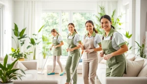 Cleaning service professionals expertly maintaining a tidy home environment, emphasizing quality and reliability.