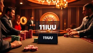 11UU players strategizing at a luxurious poker table with vibrant chips and roulette wheel.