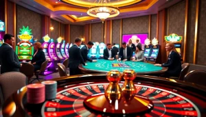 Action-packed scene at a luxurious casino featuring 789f game tables and players strategizing for wins.