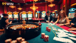 Engaging players at a 99WIN casino table with poker chips and a roulette wheel in a lively atmosphere.