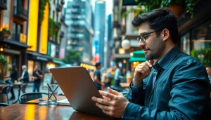 Analyze news trends at https://relevance.com.ua in an urban café setting with modern technology.