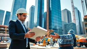 New York Construction Manager reviewing plans on-site with a bustling NYC background.