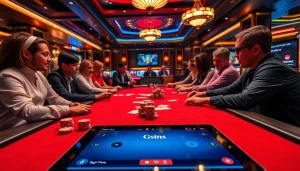 Players enjoying an engaging poker game at the S8 casino, highlighted by vibrant chips and a tablet interface.