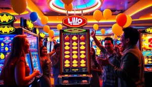 Permainan slot 50 perak dengan pemain yang bersemangat dan suasana ceria di kasino.