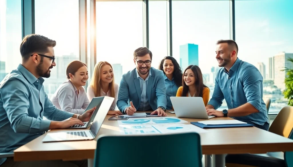 Collaborative team at a Florida Digital Marketing Agency discussing strategies in a bright office.