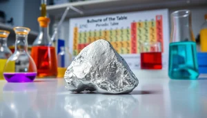 Visualize antimony showcased in a scientific laboratory, emphasizing its metallic luster and properties.