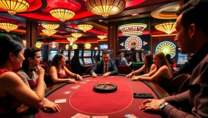 KJC players engaging at a vibrant poker table with luxury chips and casino atmosphere.