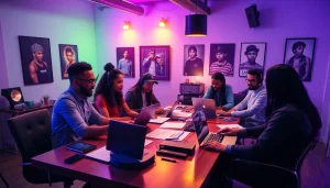 Hip hop pr agency team collaborating in a vibrant studio environment for music marketing success.
