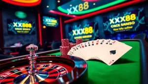 Experience high-stakes action with products from https://xx88.promo/ in a vibrant casino setting with roulette and poker chips.