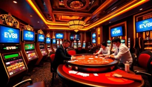 Players enjoying a thrilling online casino experience at EV88 with vibrant gaming tables and slot machines.
