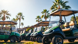 Golf carts for sale Bakersfield showcased against a sunny background highlighting diverse models.