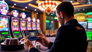 Experience the excitement of XX88 com with a vibrant online casino interface featuring slot machines and poker tables.