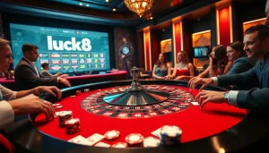 Players engaging at the luck8 roulette table, with poker chips and cards creating an exciting casino atmosphere.