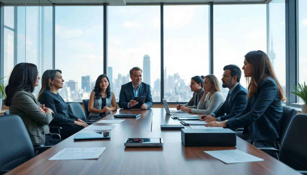 Collaborative business meeting with engaged participants in a professional office setting.